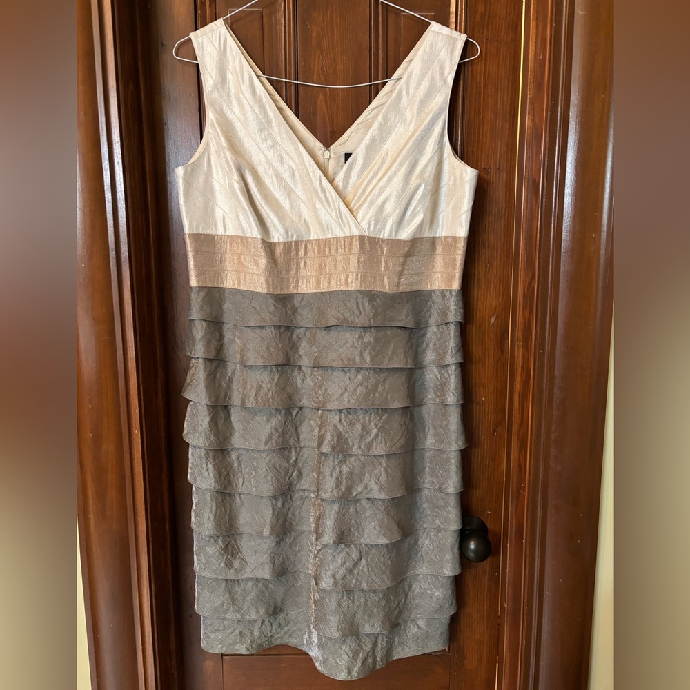 Adrianna Papell Dress Gray and Cream shimmer ruffles.